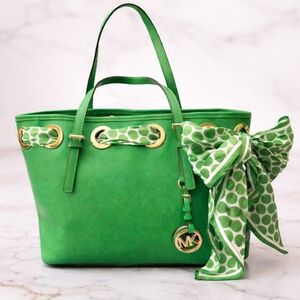 Michael Kors Green Tote Bag with Polka Dot Scarf & Gold Hardware